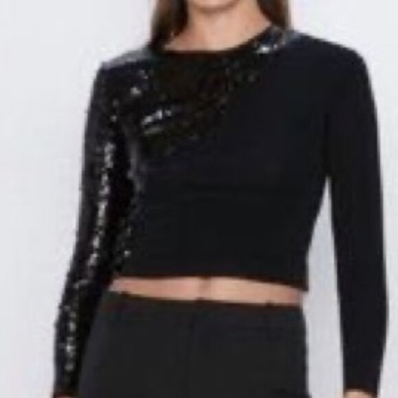 💞Price Drop💞NWOT!! ZARA WOMEN’S LUXURY SEQUINS BLACK LONG SLEEVE TOP SMALL S - Picture 1 of 6